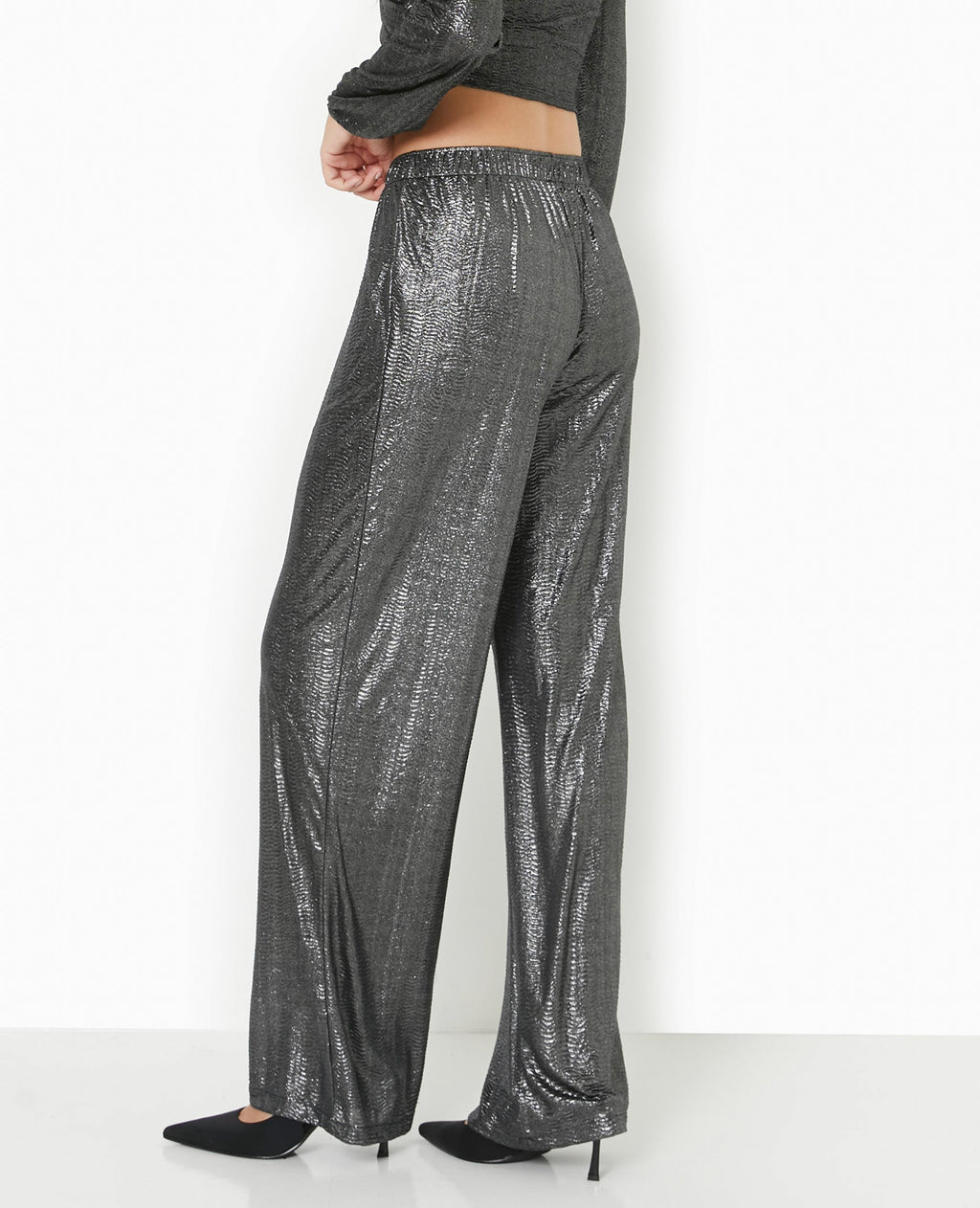 Pantalon fluide en tissu texturé avec lurex doré