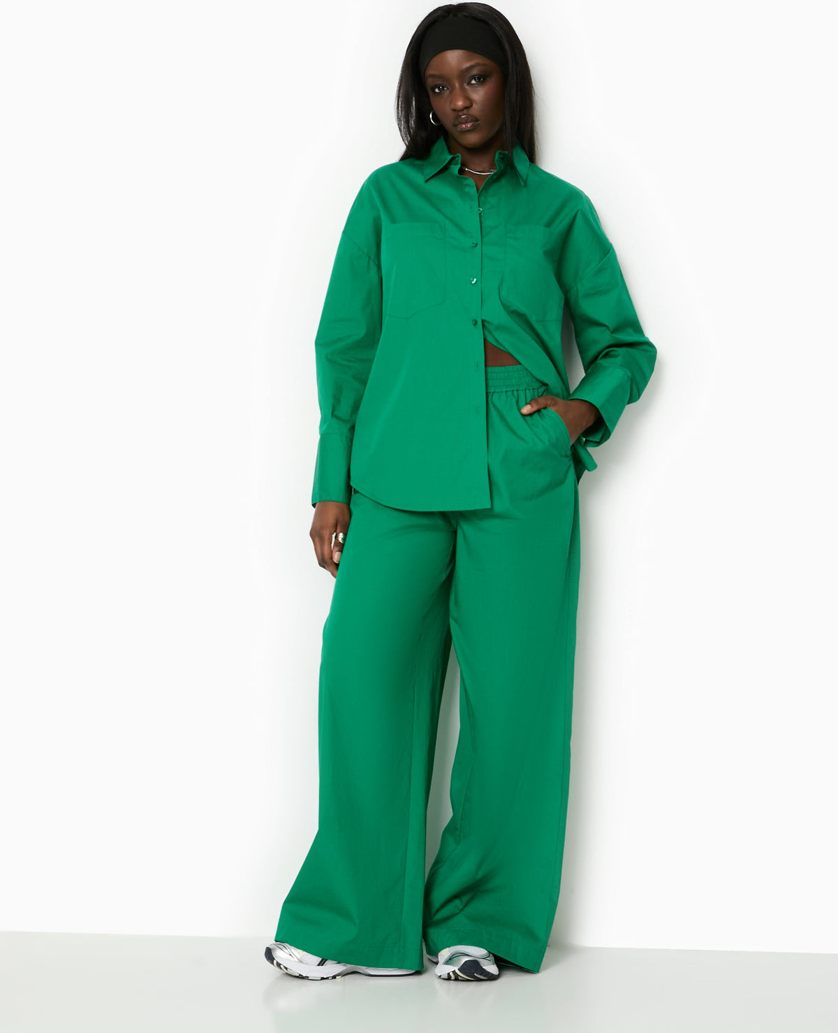 Pantalon large en popeline taille élastiquée