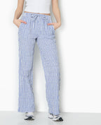 Pantalon droit en tissu gaufré motif vichy