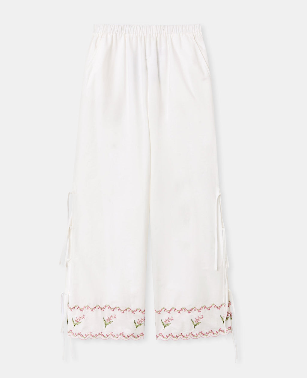 Pantalon avec fleurs points de croix et nouettes