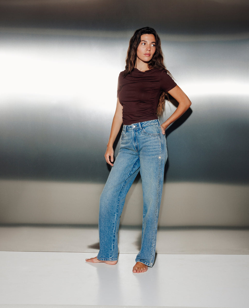 Jean straight taille haute avec strass