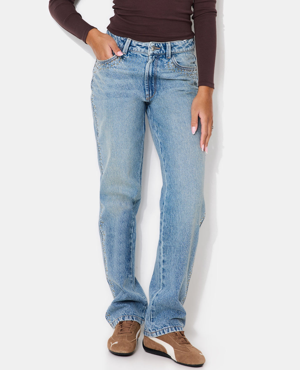 Jean straight taille haute avec strass