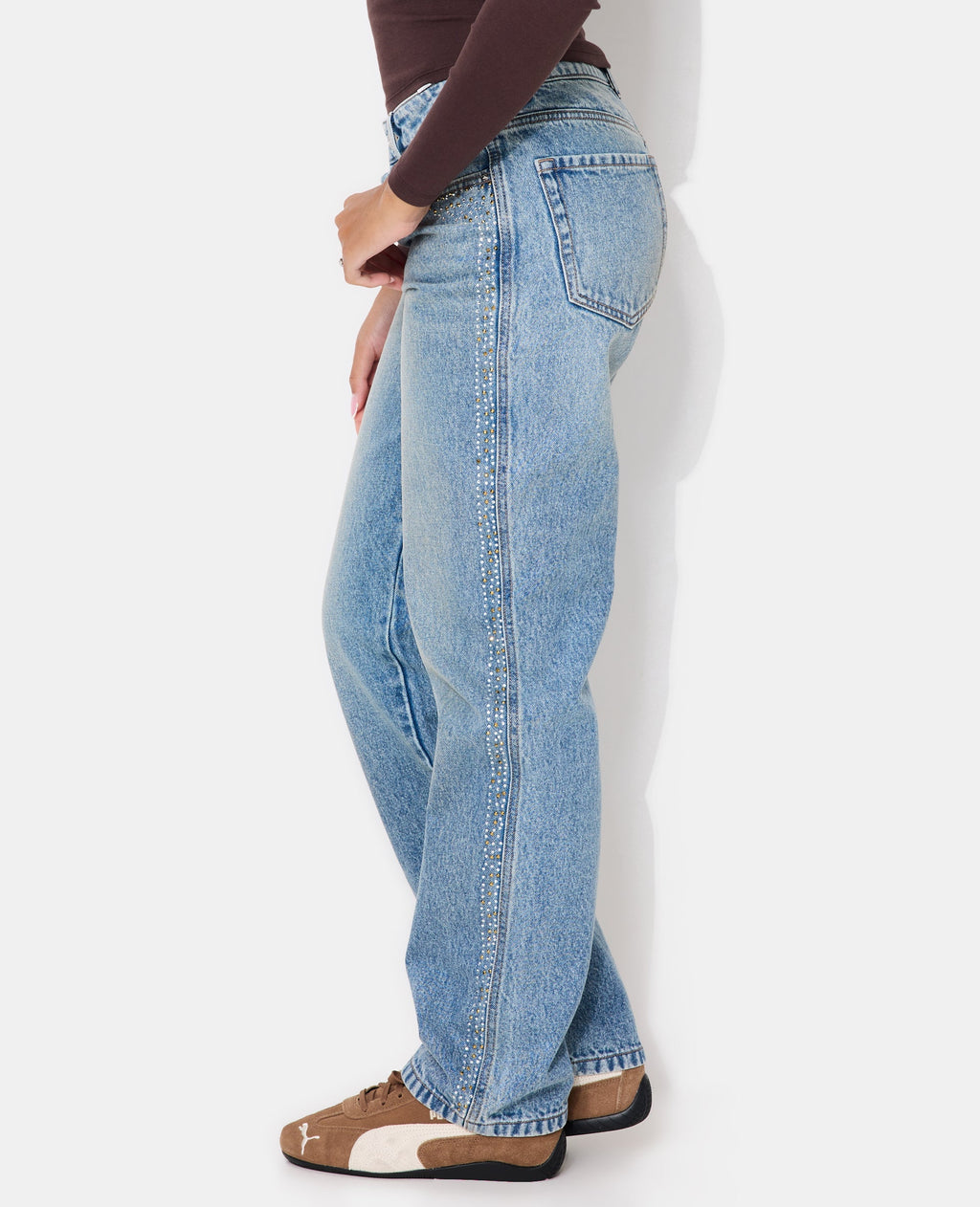 Jean straight taille haute avec strass