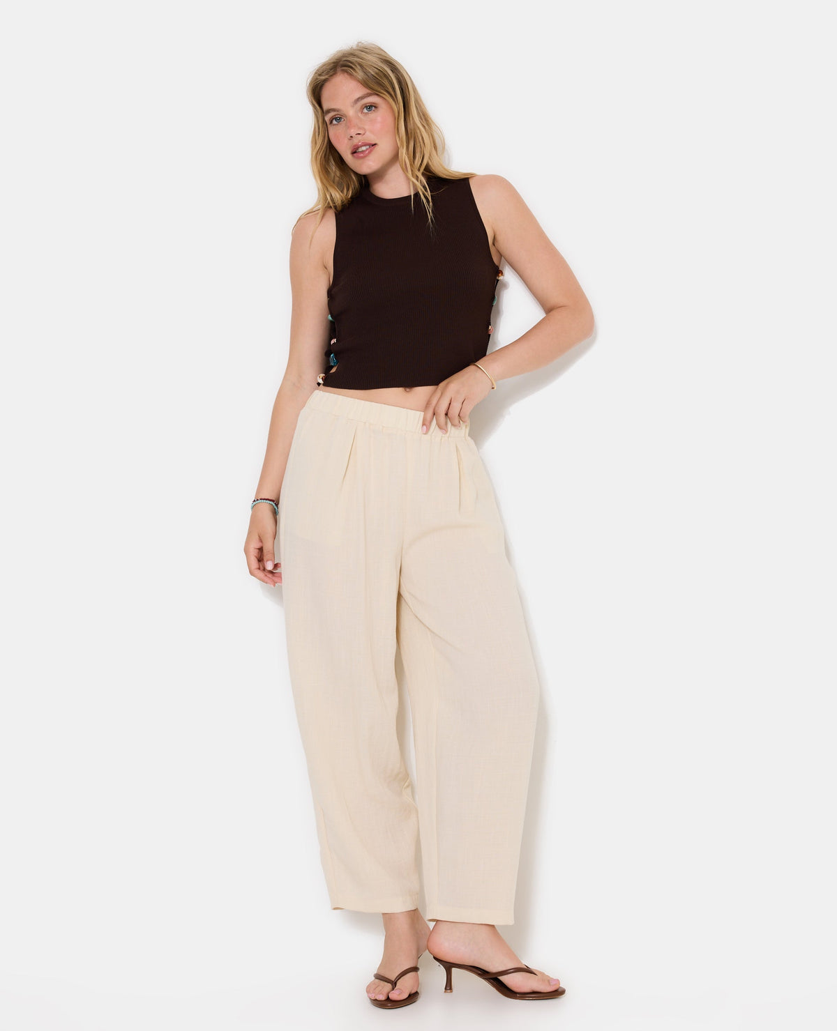 Pantalon barrel en tissu effet lin