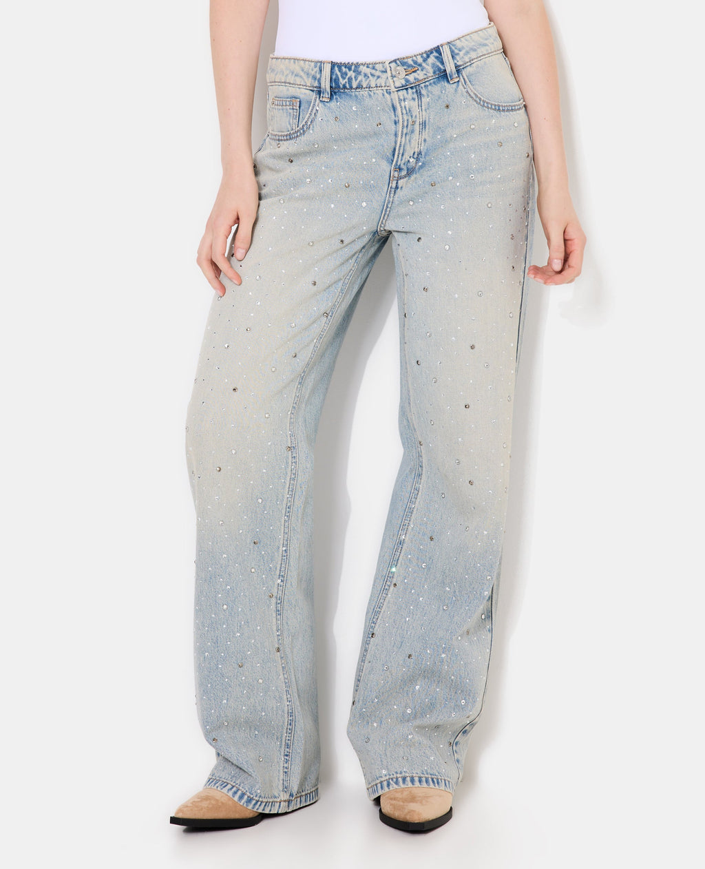 Jean wide taille basse avec strass