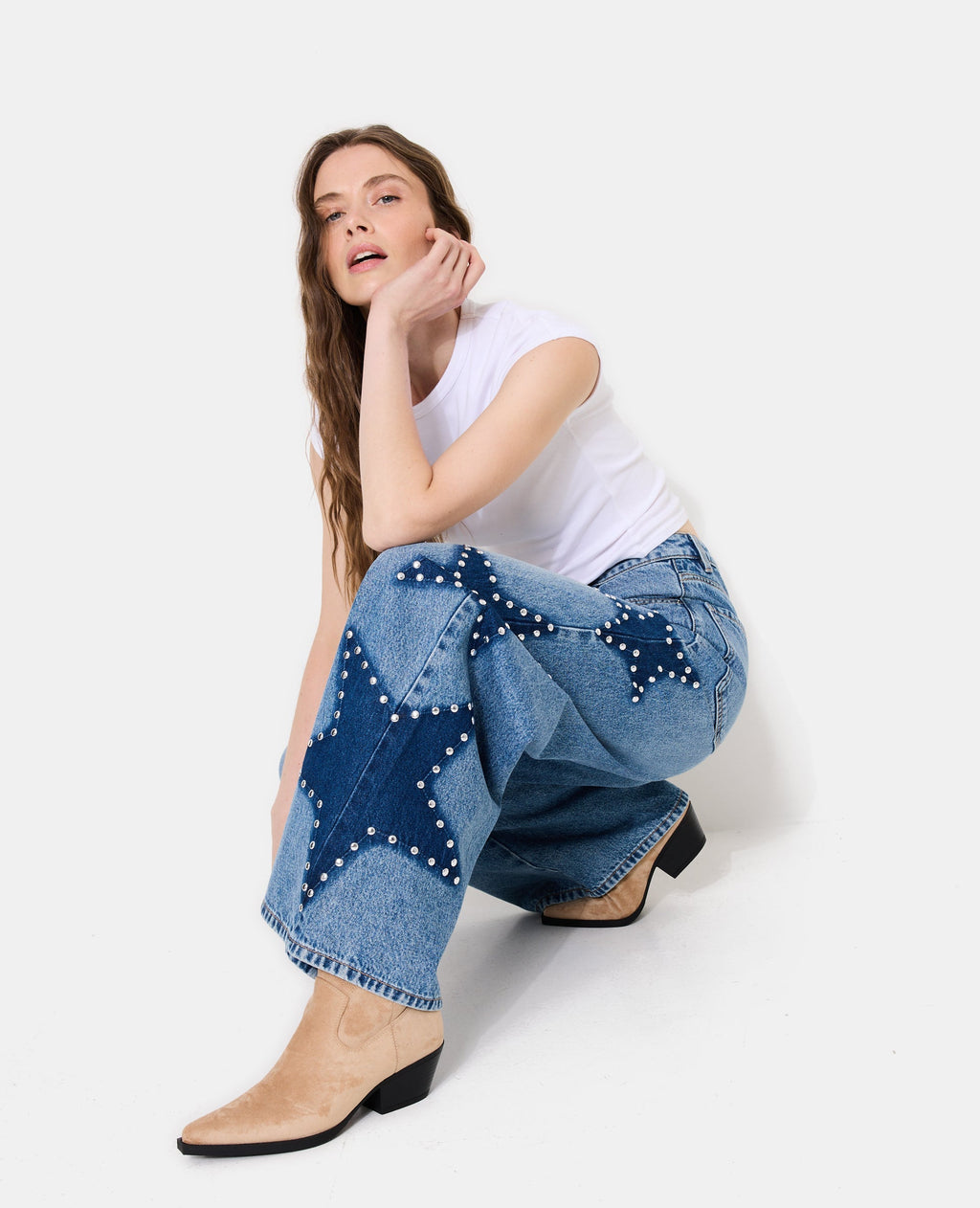 Jean extra-wide taille haute avec étoiles clous