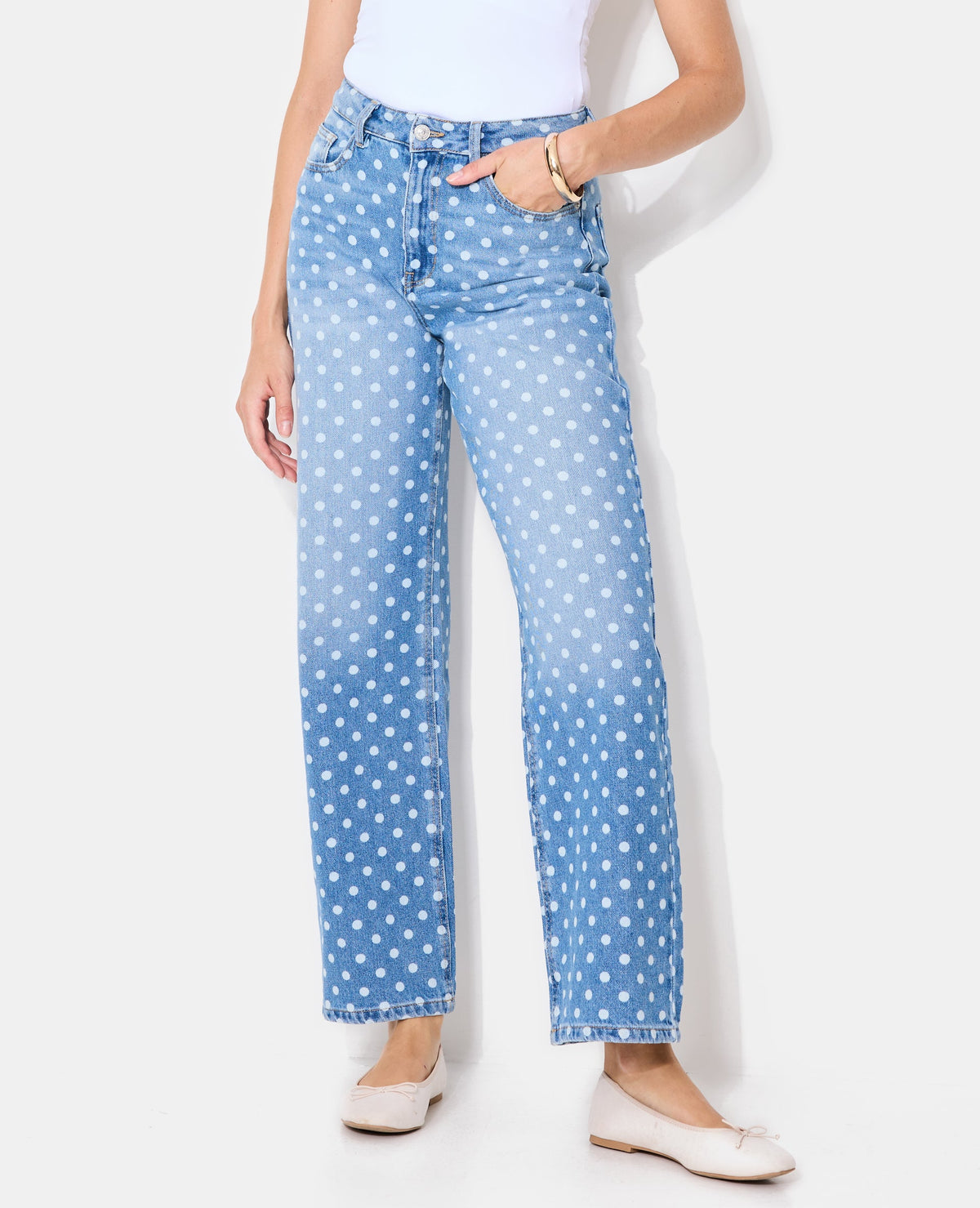 Jean wide taille haute motif pois
