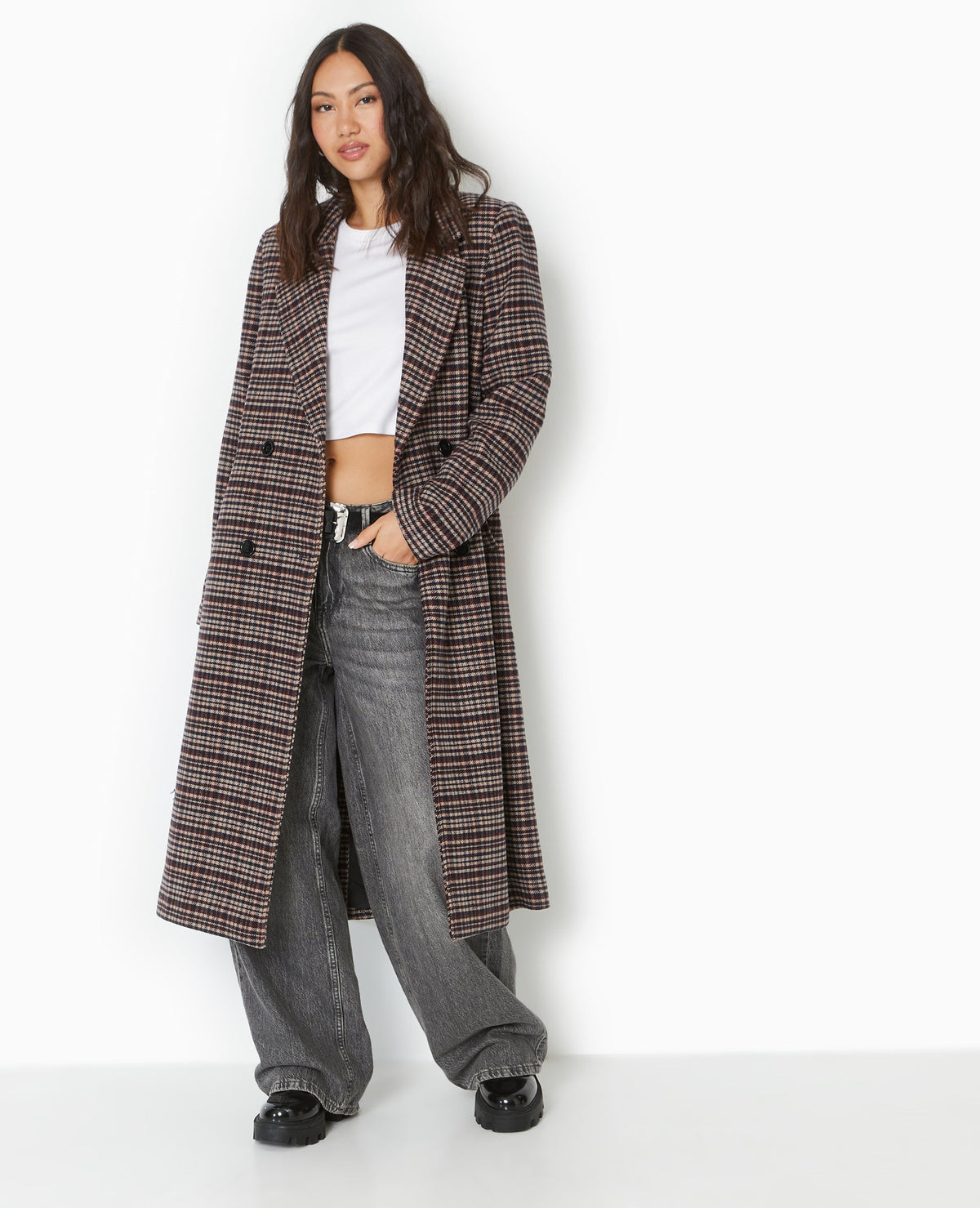 Manteau long avec laine motif carreaux