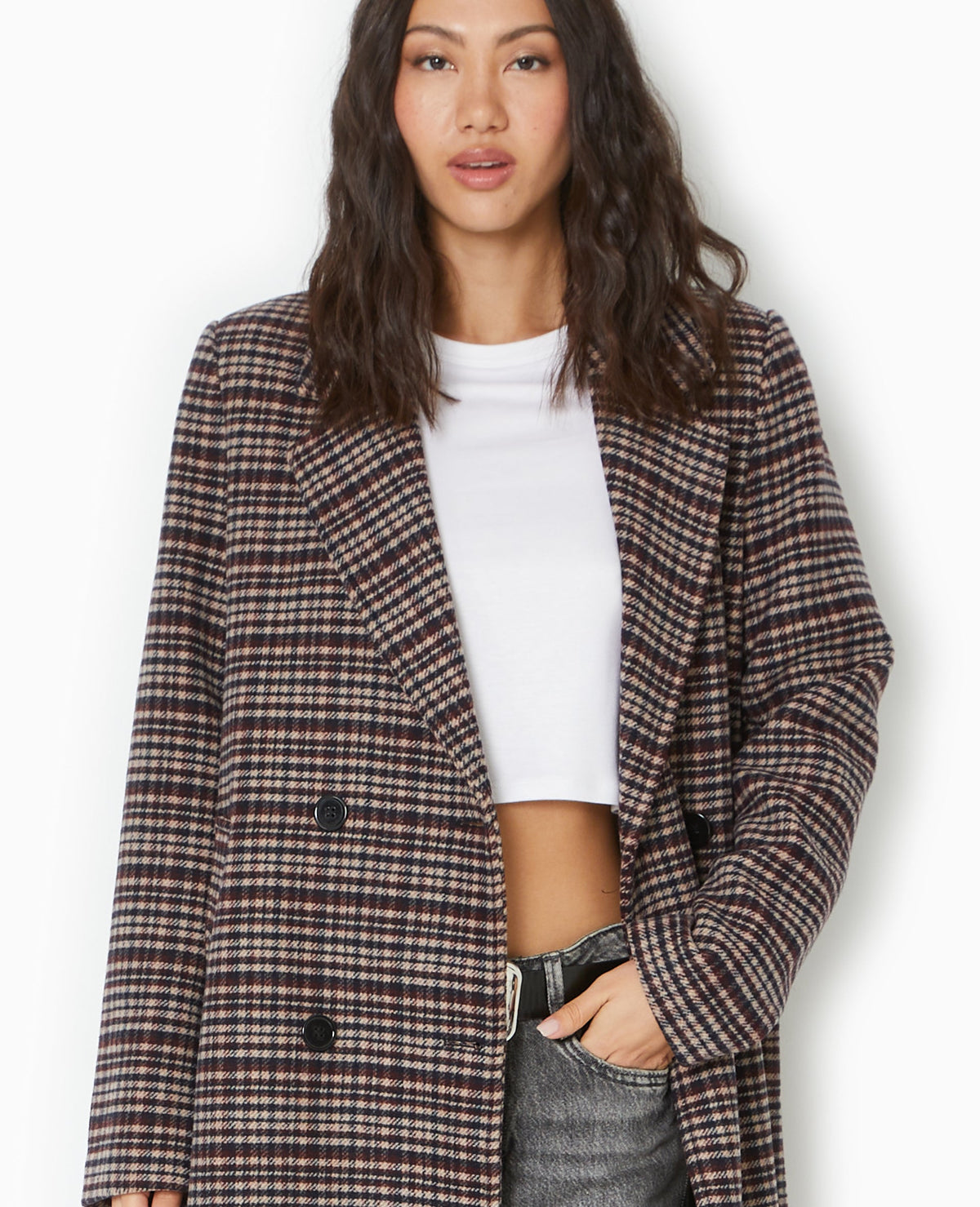 Manteau long avec laine motif carreaux