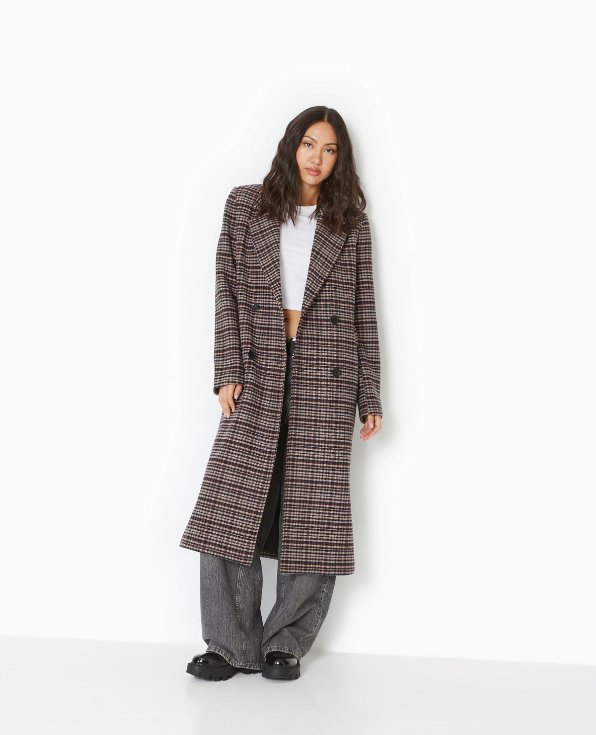 Manteau long avec laine motif carreaux