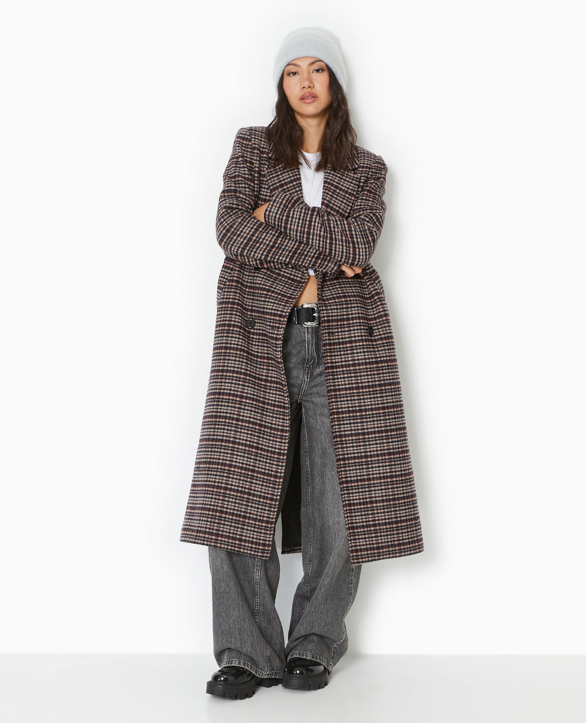 Manteau long avec laine motif carreaux