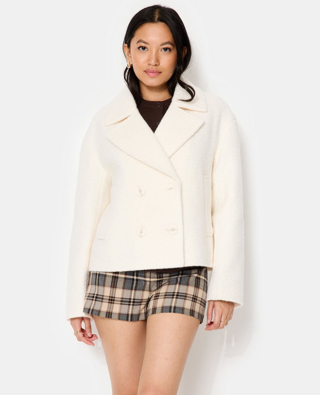 Blouson caban effet drap de laine bouclée