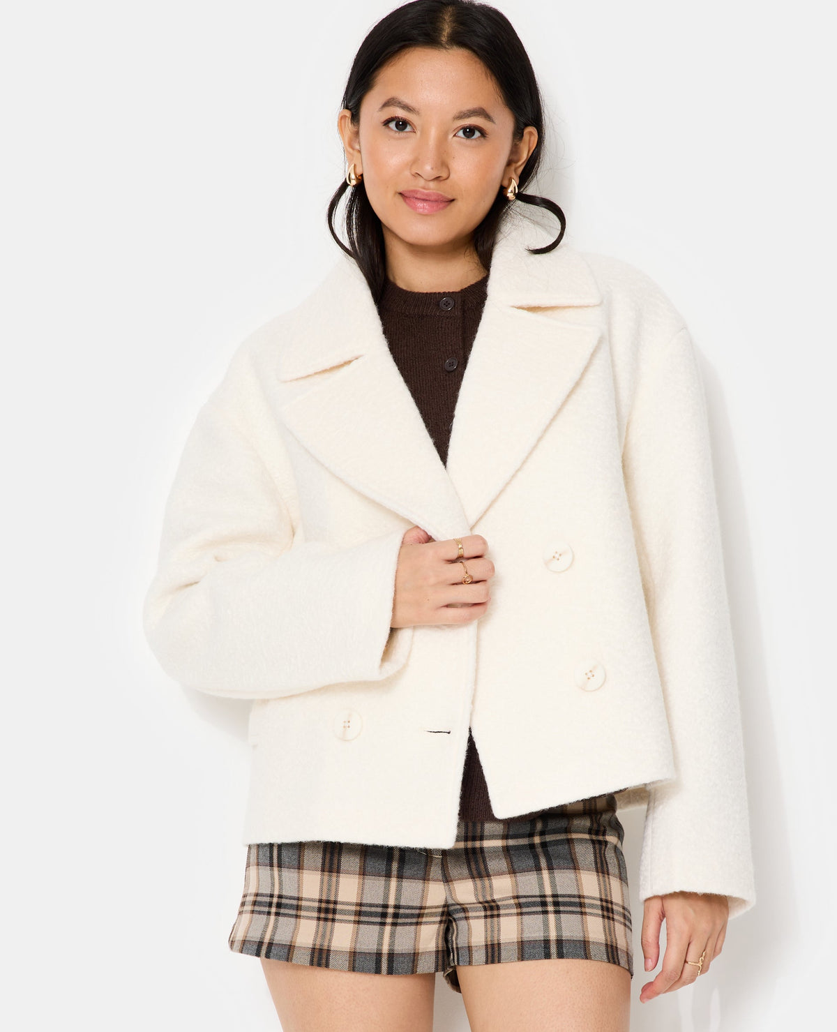 Blouson caban effet drap de laine bouclée