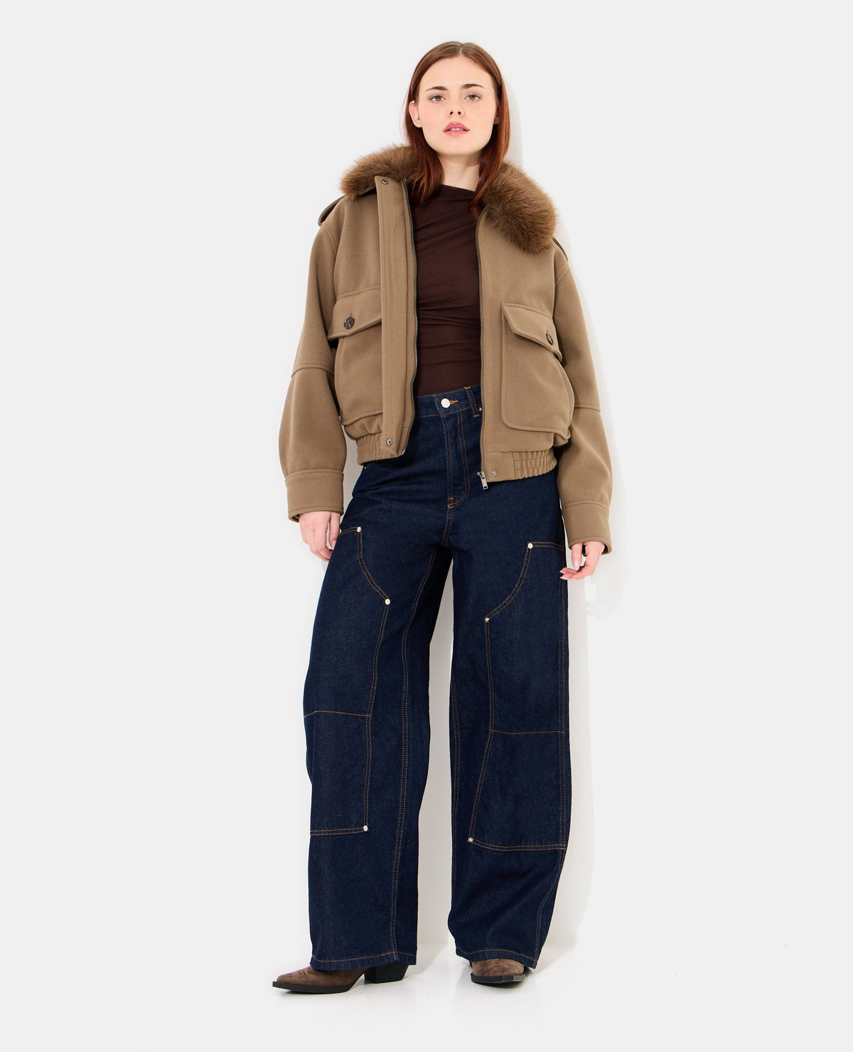 Blouson effet drap de laine col fausse fourrure