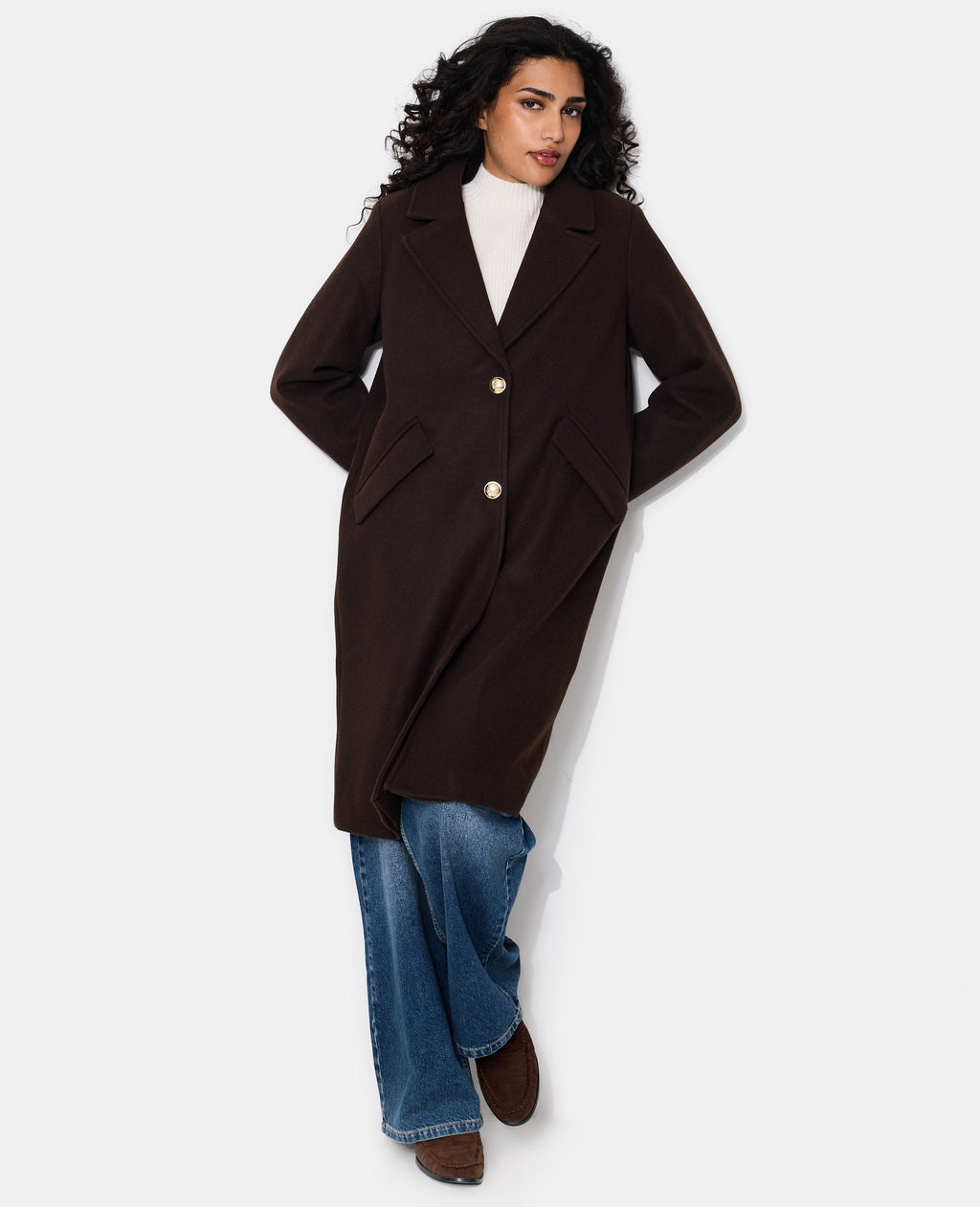 Manteau long effet drap de laine avec boutons dorés