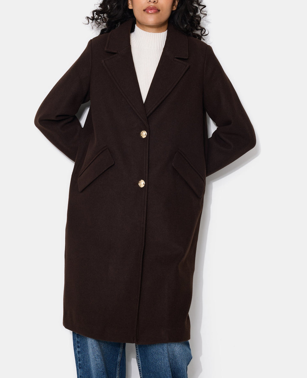 Manteau long effet drap de laine avec boutons dorés