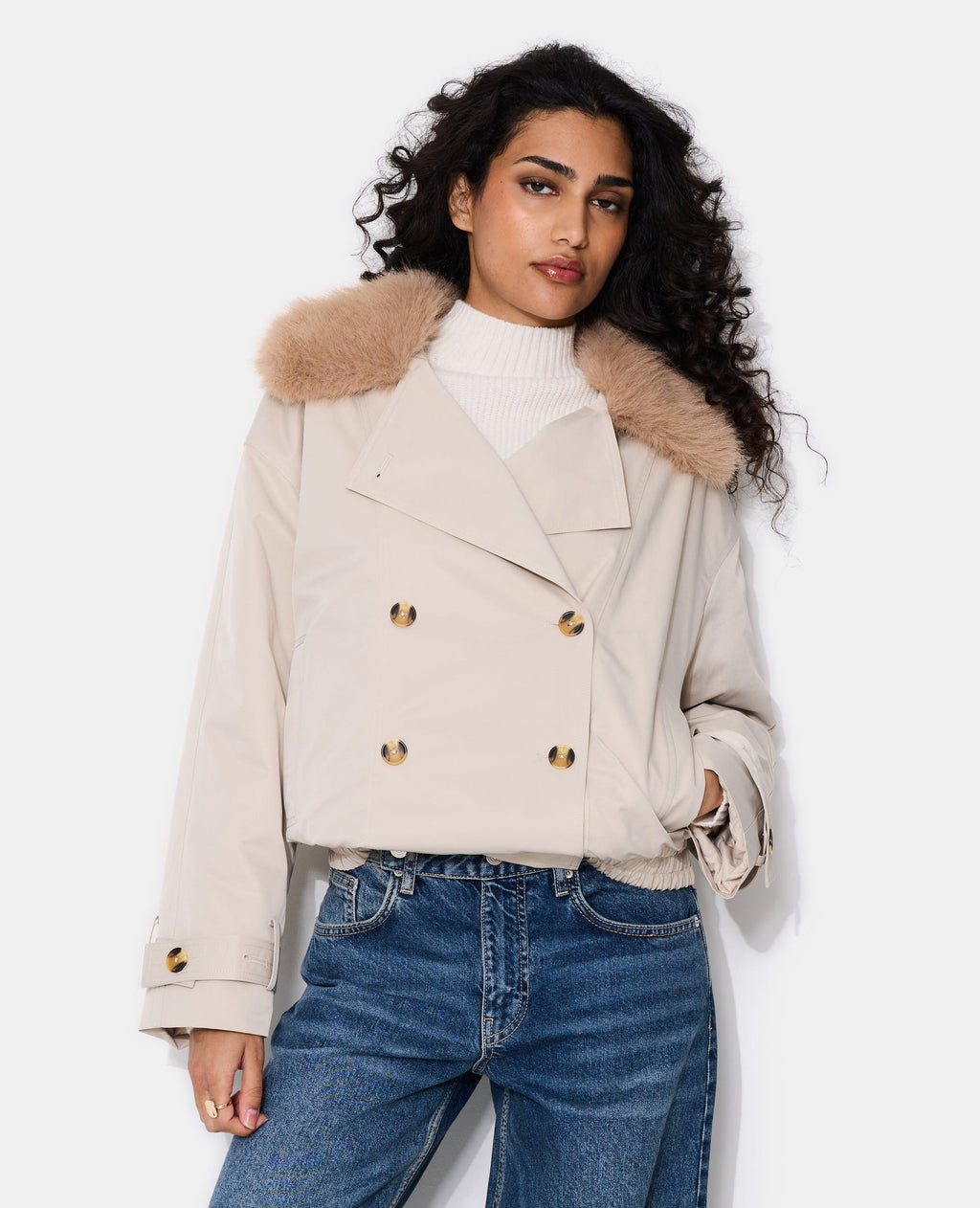Blouson esprit trench avec col fourrure