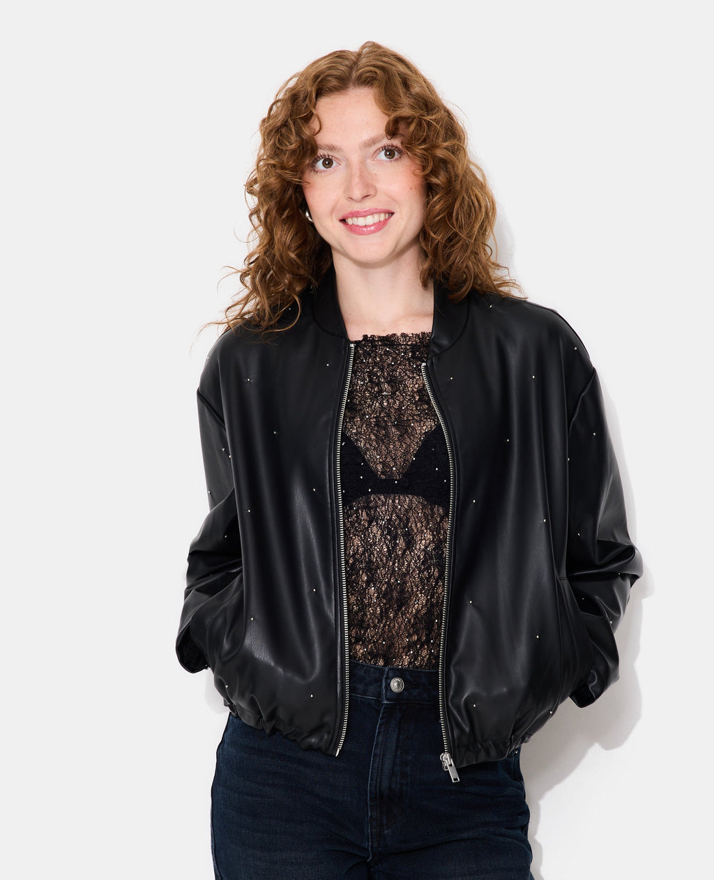 Blouson bomber en simili avec clous
