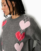 Pull col rond motif jacquard et cœurs