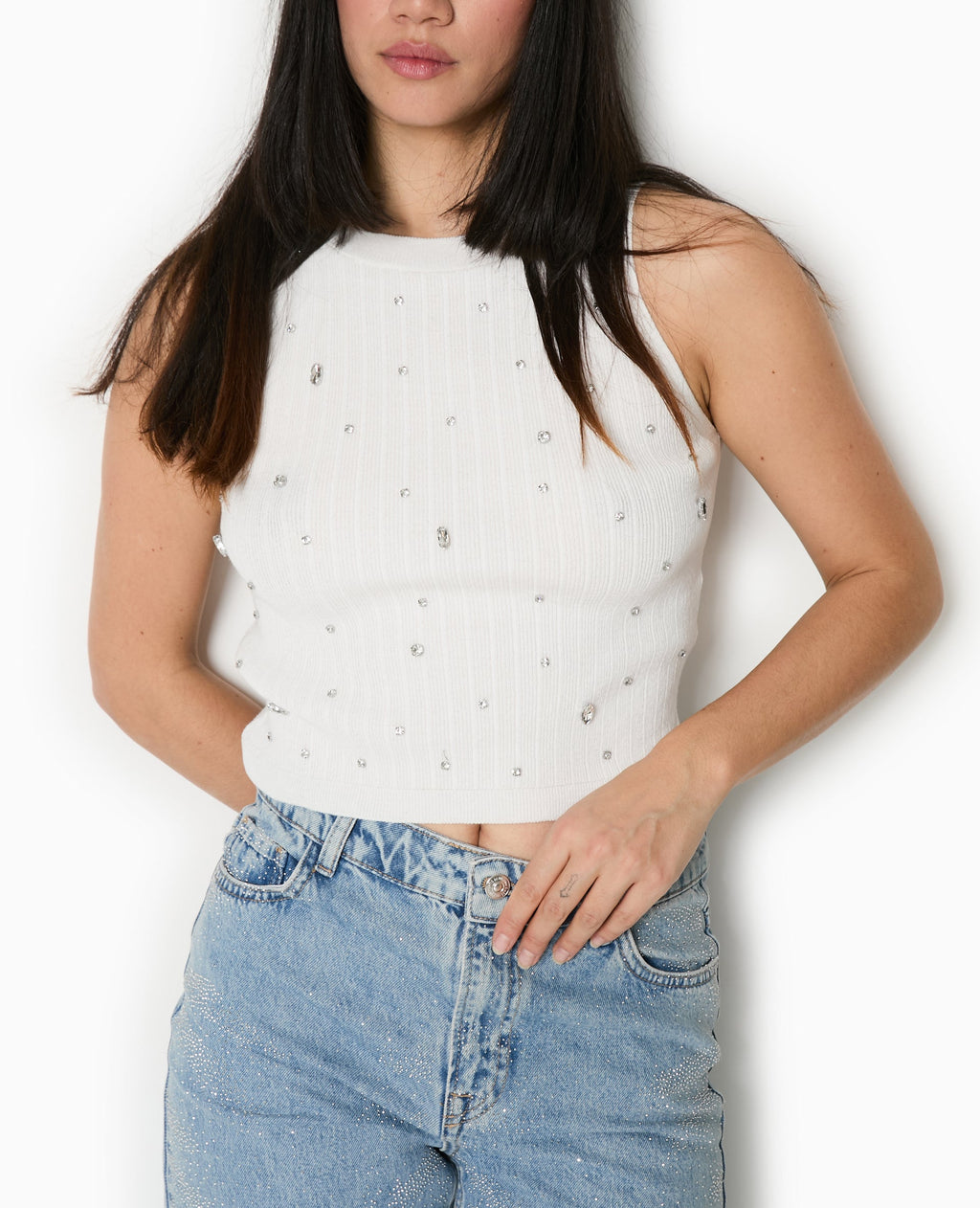 Top sans manches en maille avec strass
