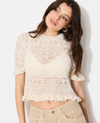 Pull manches courtes en maille ajourée