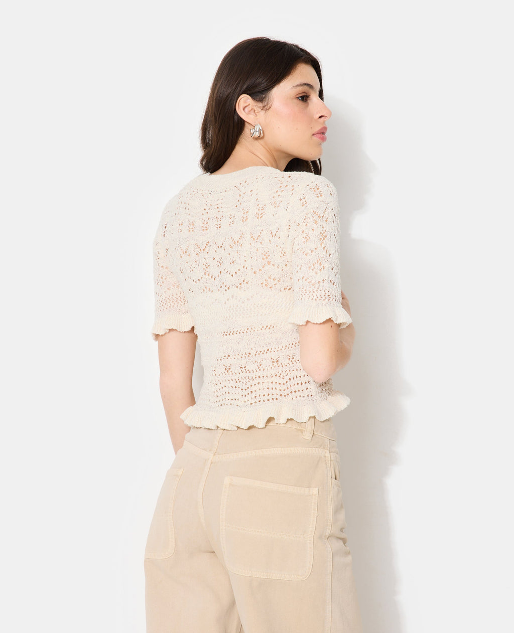 Pull manches courtes en maille ajourée