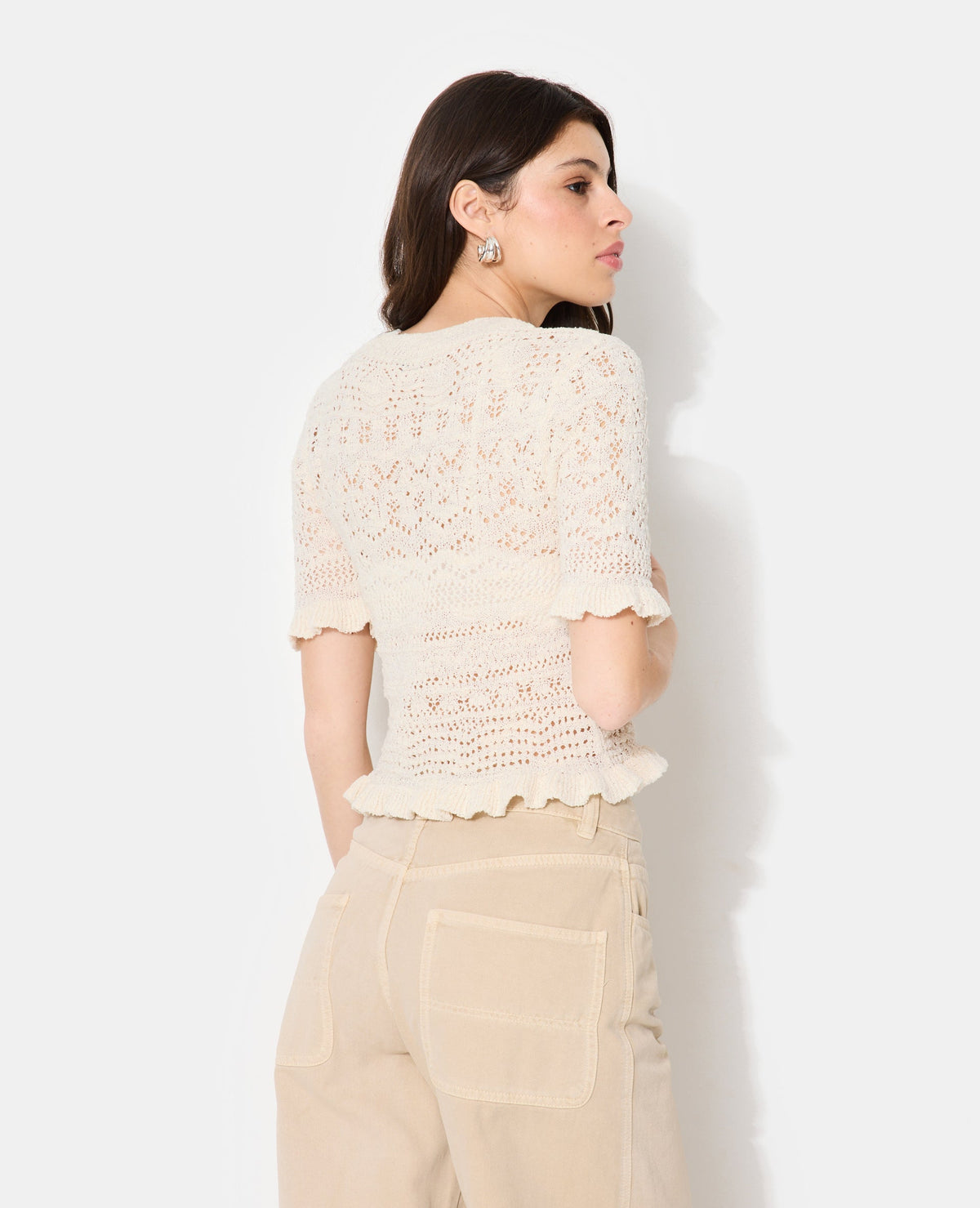 Pull manches courtes en maille ajourée