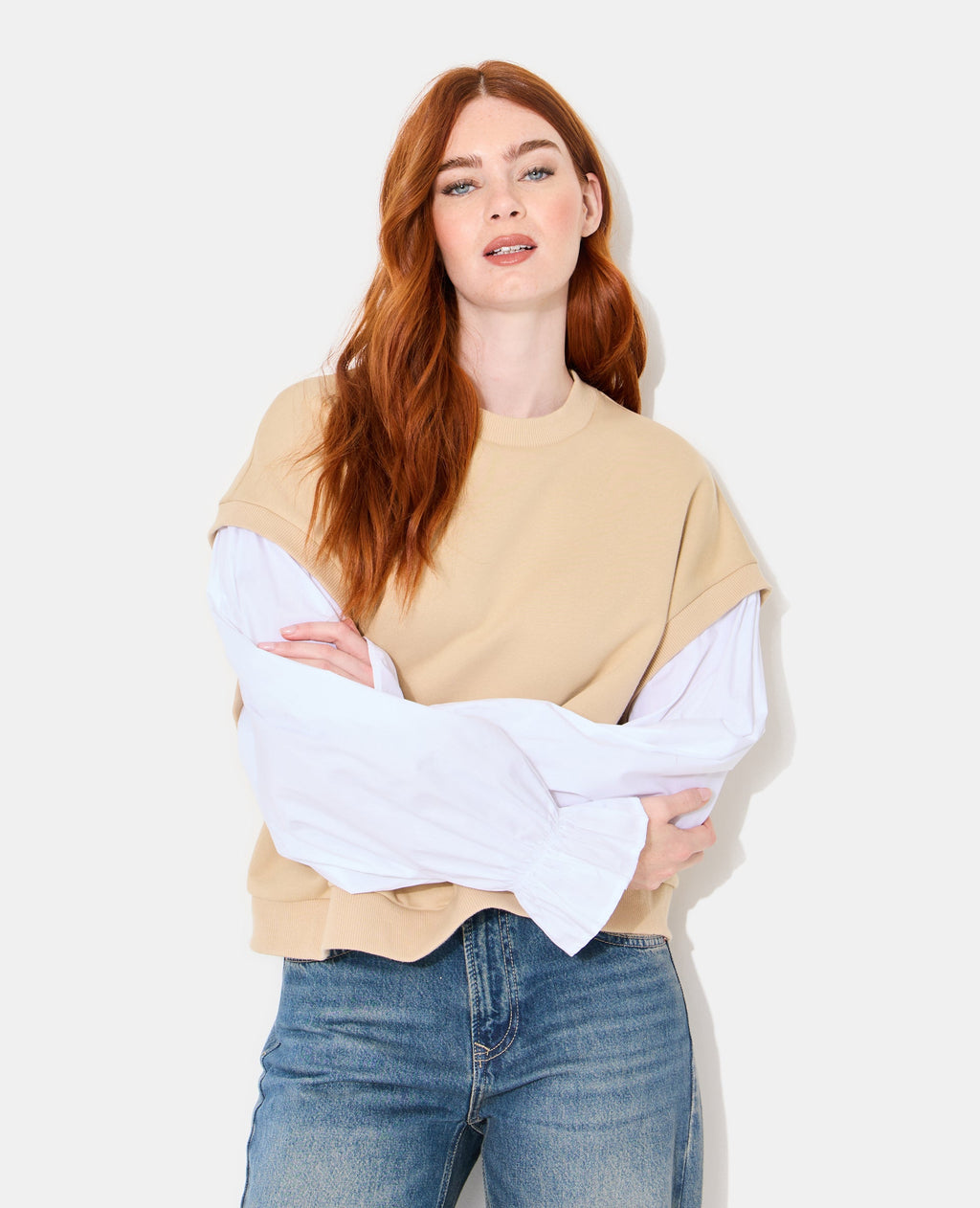 Sweat avec manches chemise effet 2 en 1