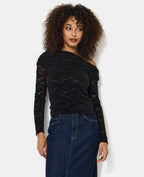 Top asymétrique en résille avec fleurs velours