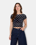 Top court dos ouvert motif pois