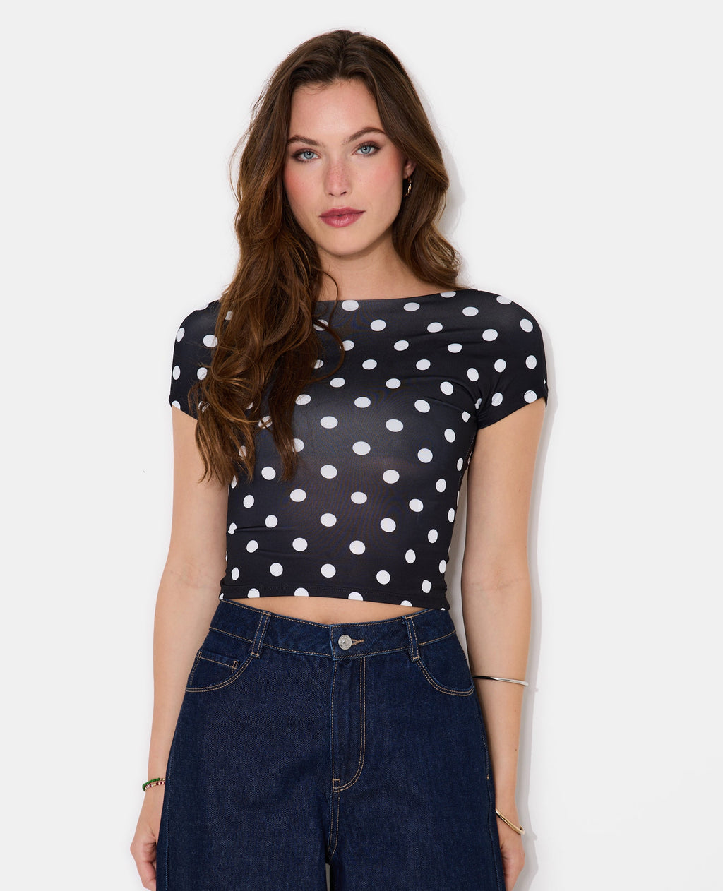 Top court dos ouvert motif pois