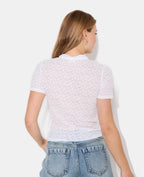 Top en dentelle col mao avec goutte et bouton