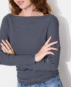 T-shirt rayé encolure bénitier manches 3/4