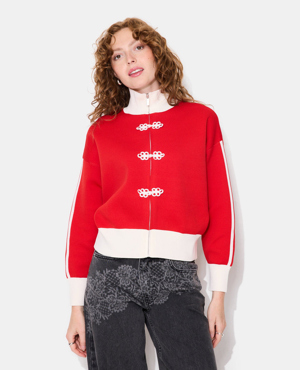 Gilet zippé en maille serrée esprit asiatique