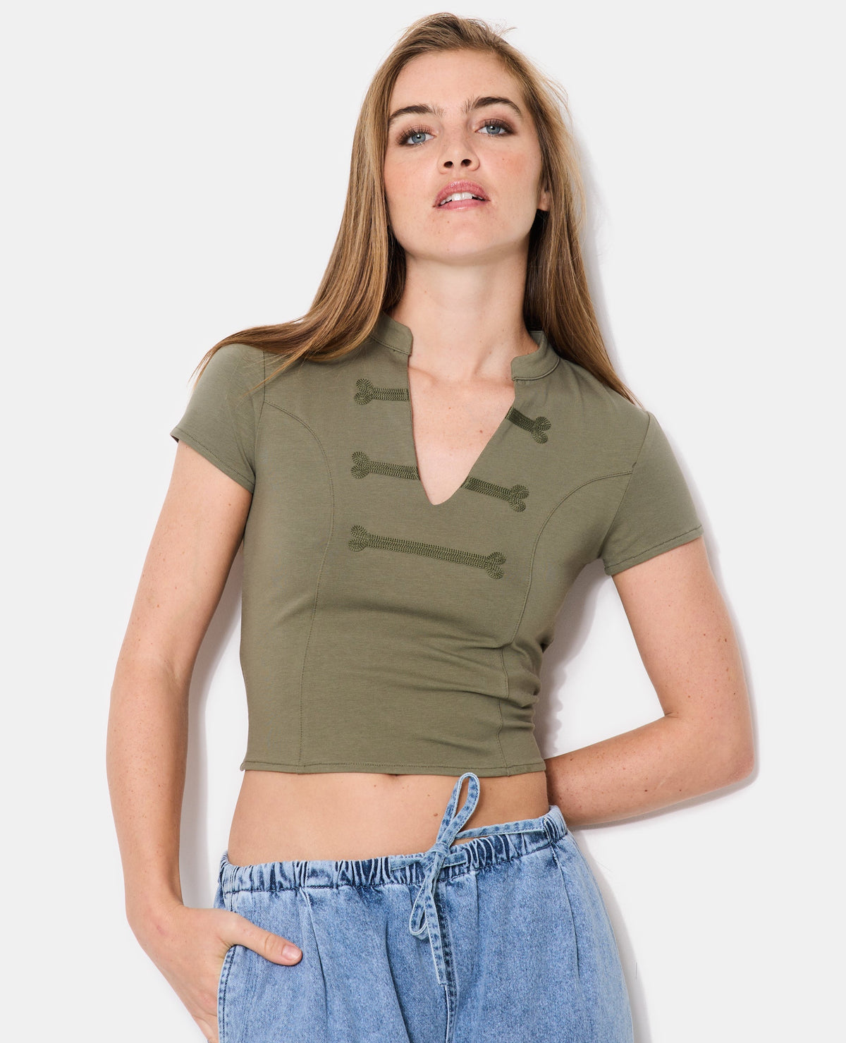 T-shirt court esprit asie avec col mao