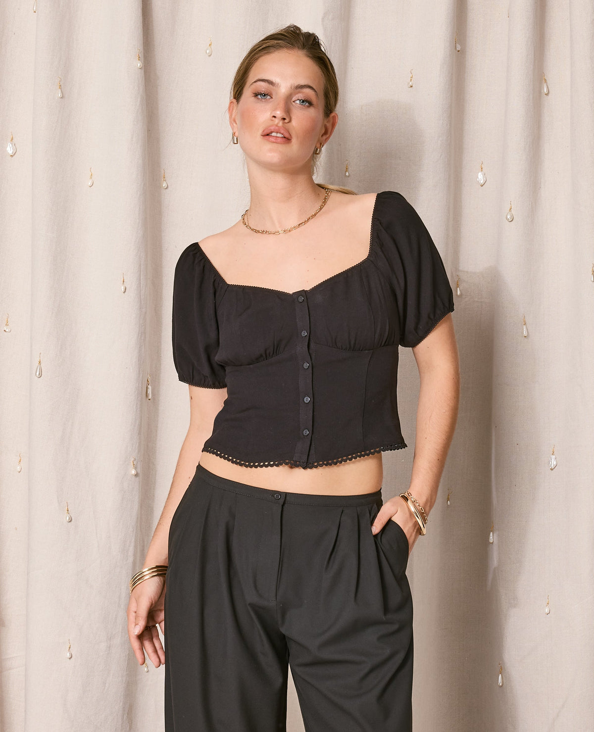 Blouse manches ballons avec finitions croquet