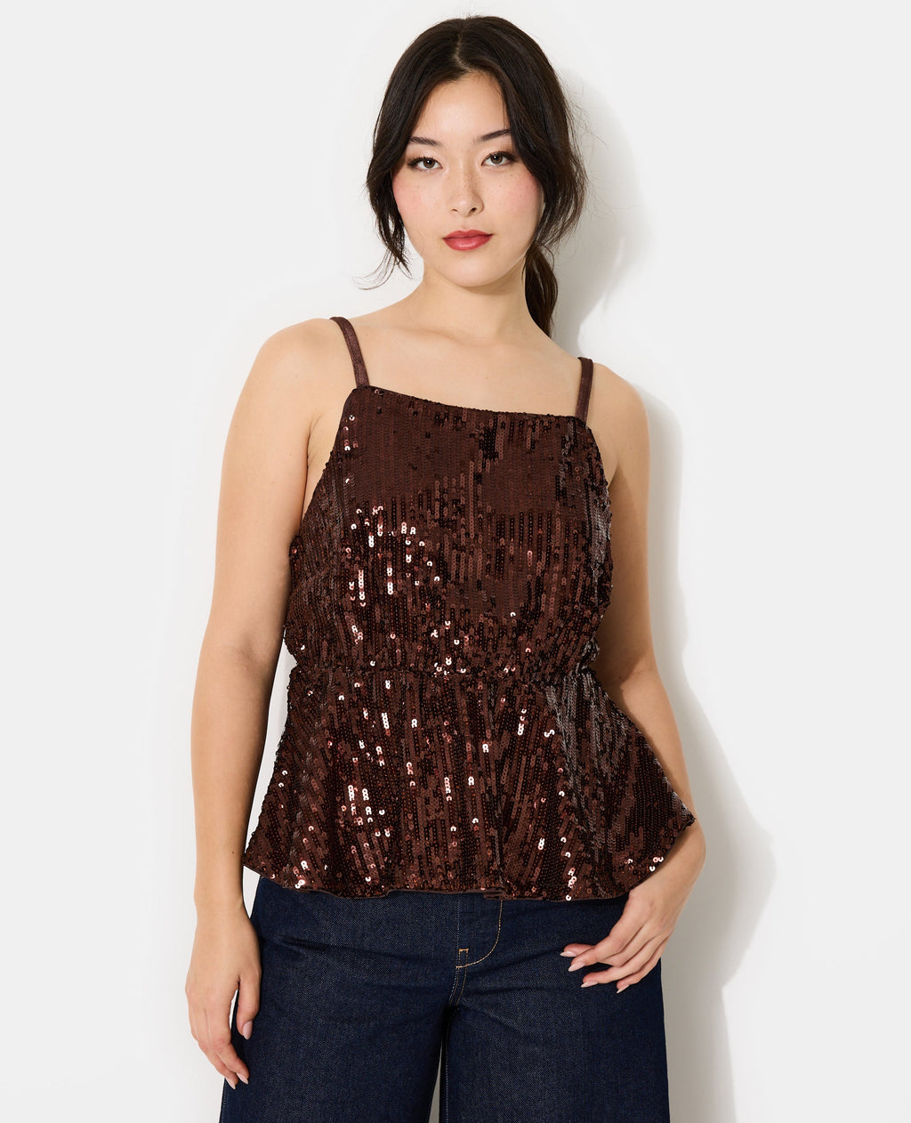 Top à bretelles forme peplum avec sequins