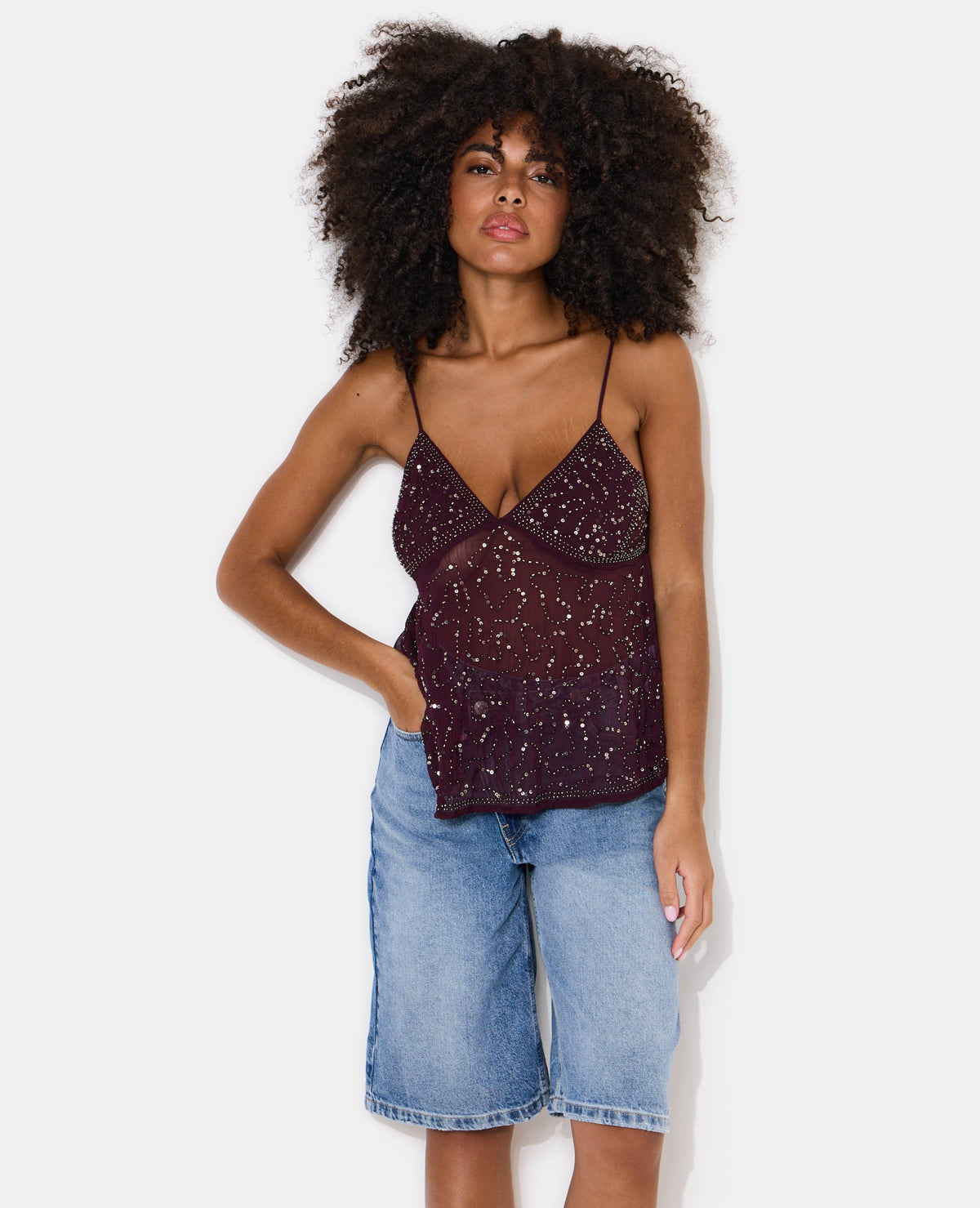 Top à bretelles en voile avec sequins et perles