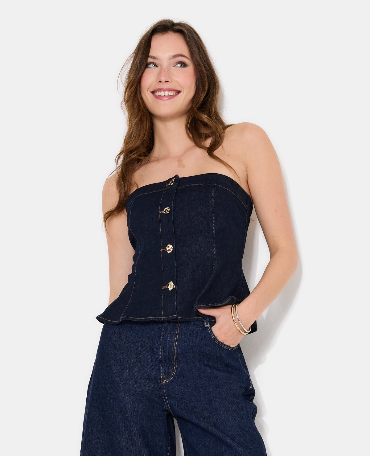 Top bustier en jean avec boutons fantaisie