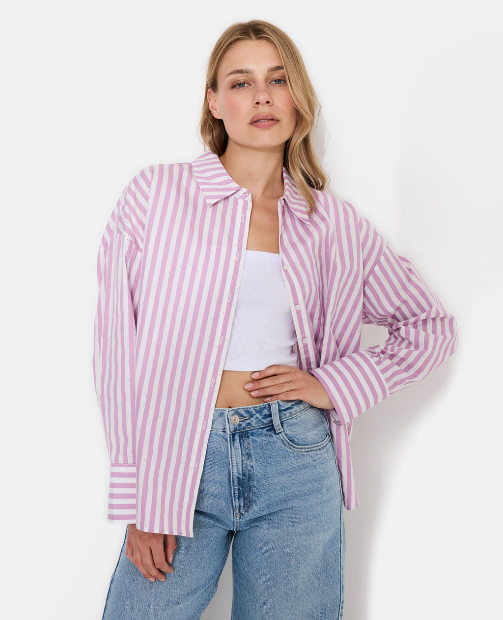 Chemise oversize rayée avec strass