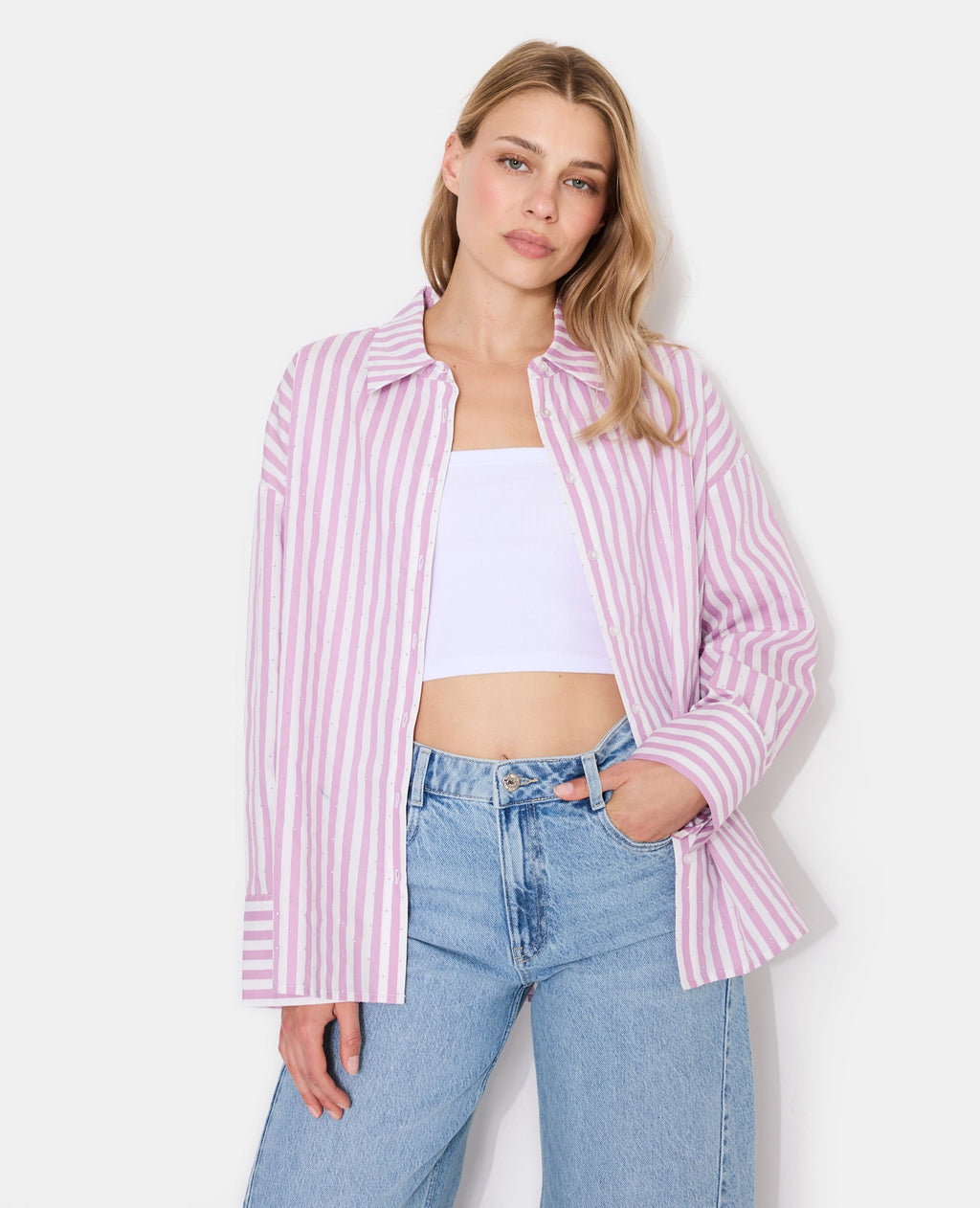 Chemise oversize rayée avec strass