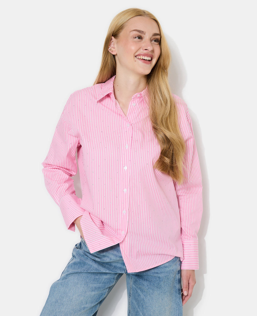 Chemise ample rayée avec strass en all over
