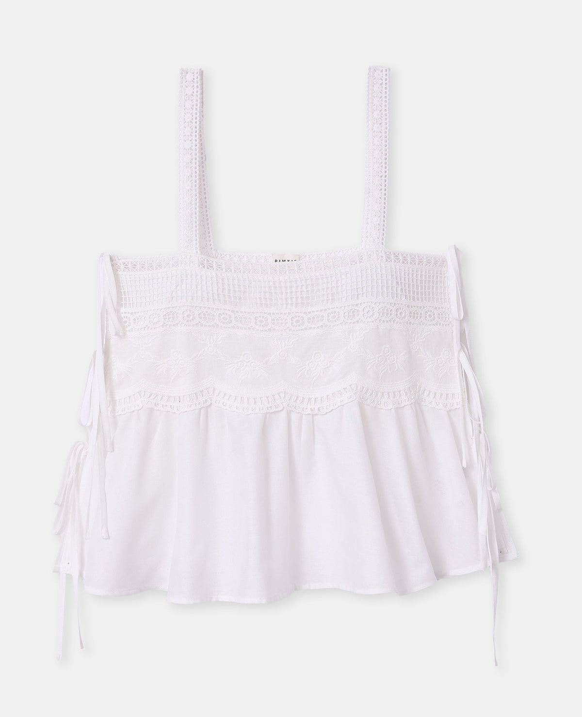 Top à bretelles avec broderies, dentelle et nouettes
