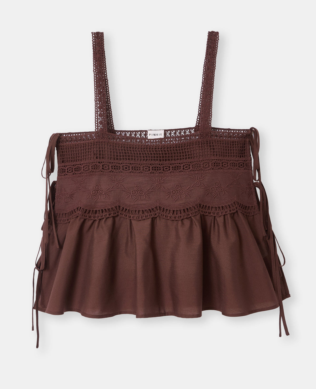 Top à bretelles avec broderies, dentelle et nouettes