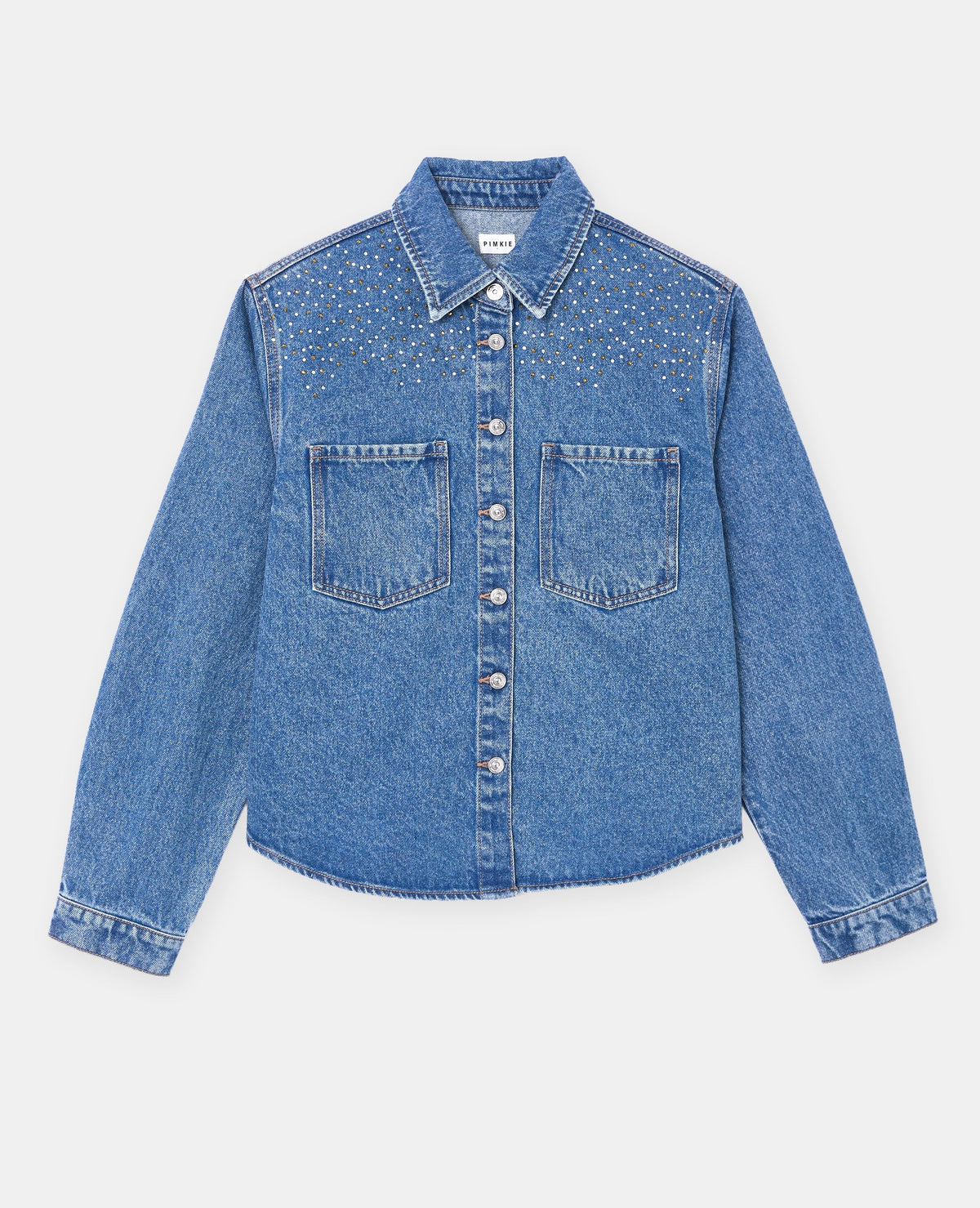 Chemise en jean avec strass dorés et blancs