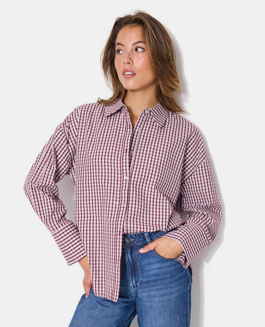 Chemise oversize avec carreaux et strass