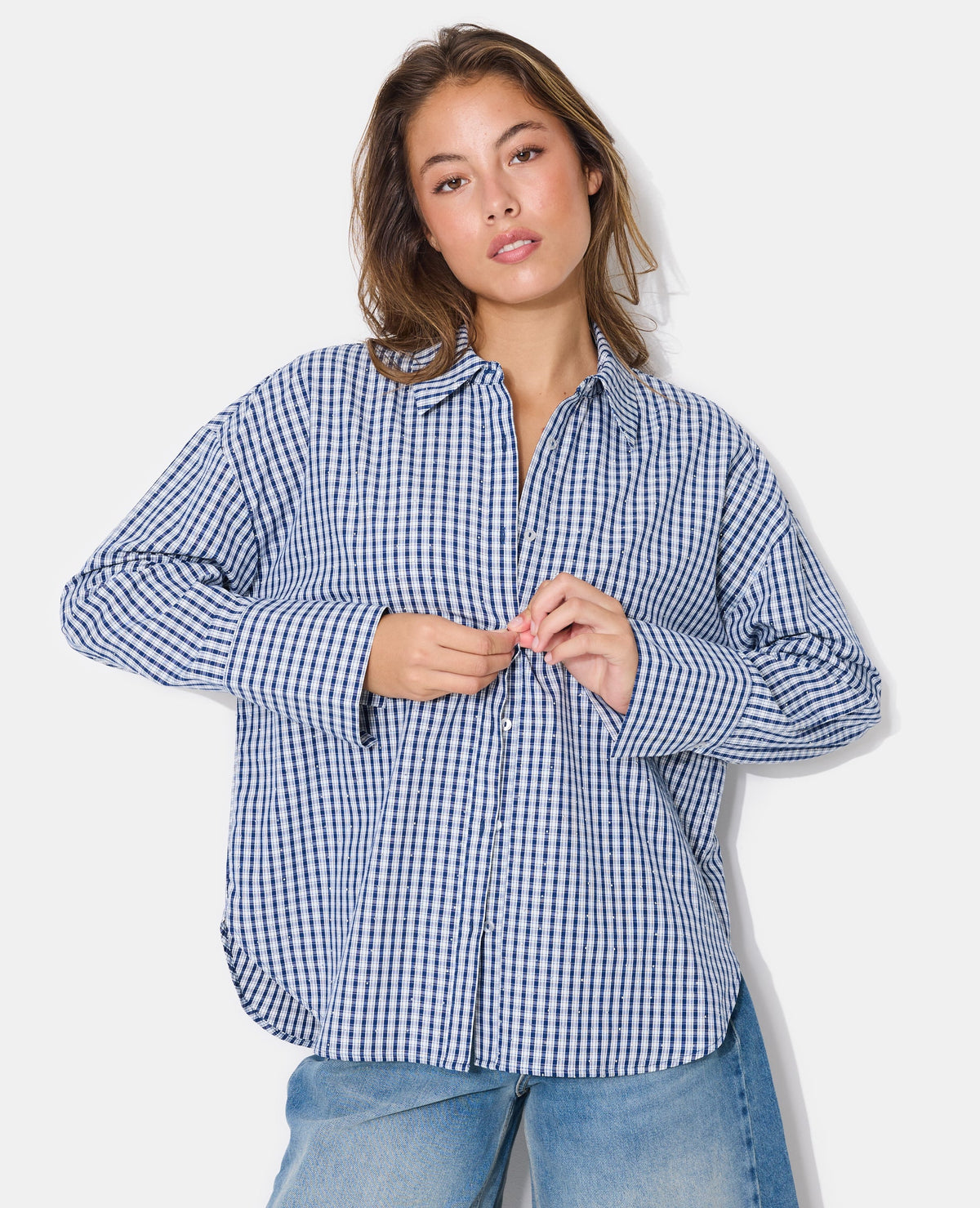 Chemise oversize avec carreaux et strass