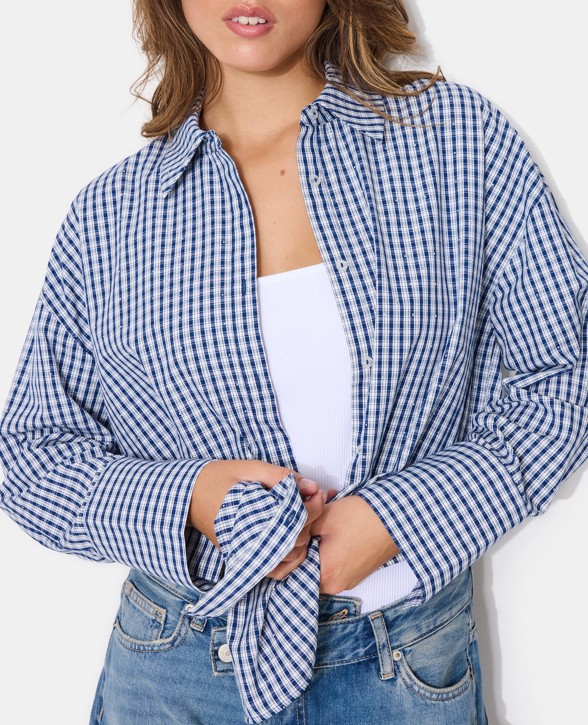 Chemise oversize avec carreaux et strass