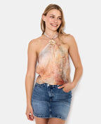 Top dos-nu effet marbré avec détail bijou fleur