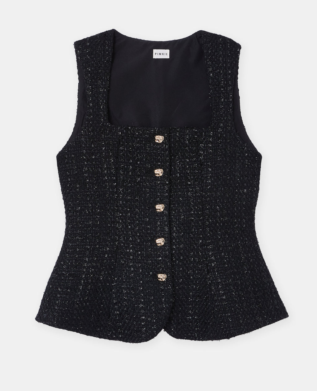 Top en tweed avec fils lurex et bouton fantaisie